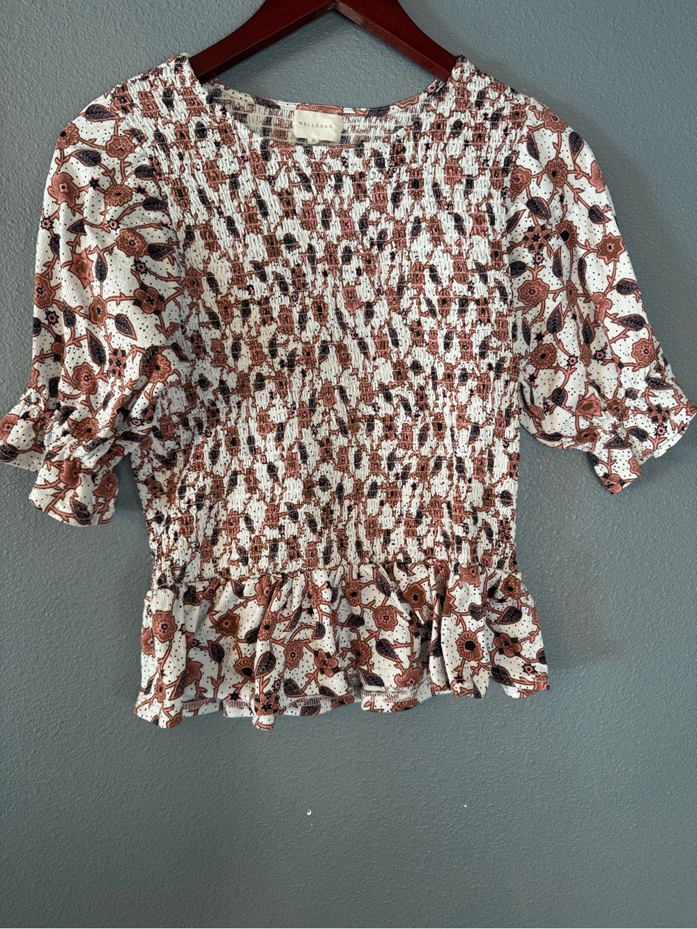 Melloday Smocked Floral Peplum Top Medium Boho Cottagecore Ruffle Sleeve